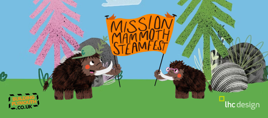 George & Mildred the Mammoth holding a banner for Mission Mammoth STEAMfest